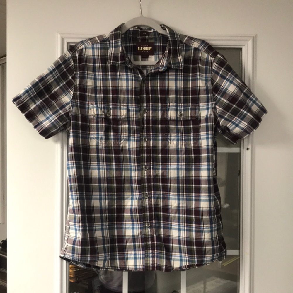 Alesbury Men's Casual Plaid Shirt - Cream and Purple- Large Slim fit